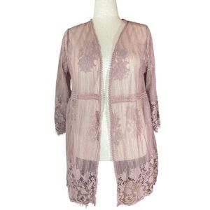 Lace Kimono Cardigan Duster Mauve Floral Sheer Fairy Delicate Feminine Size L